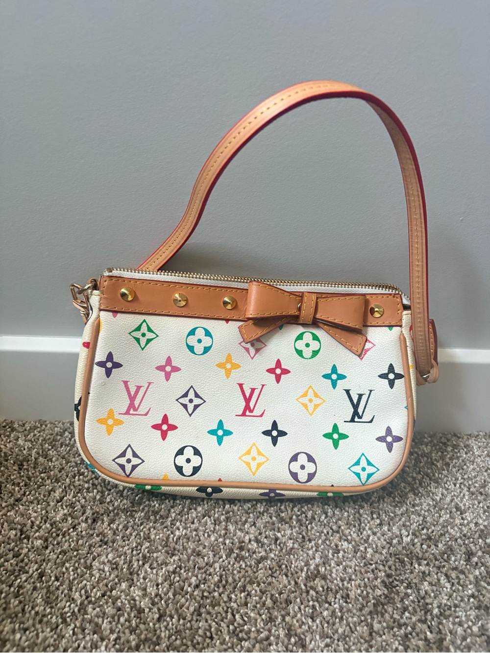 Multicolor Monogram White Canvas Bow Shoulder Bag